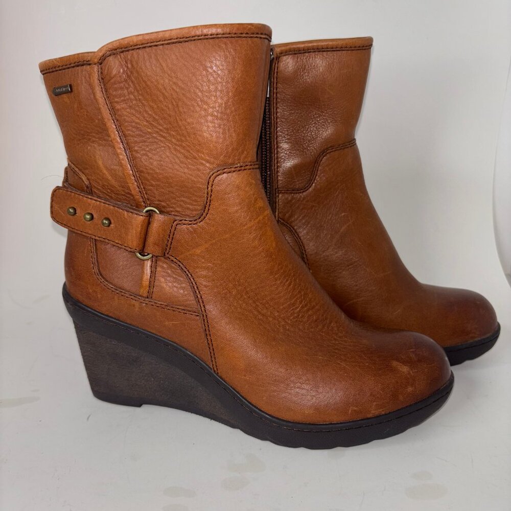 Clarks Boots Women's 7 Natira Kit GTX Wedge Ankle Booties Brown Leather Gore-Tex